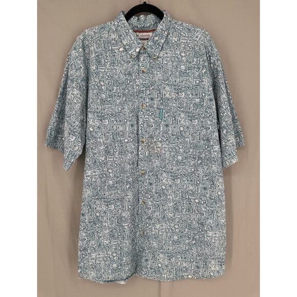 Columbia Shirt Mens XLT Blue Hawaiian Fish Print Summer Short Sleeve Cotton - Picture 1 of 8